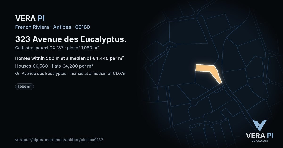 323 Avenue des Eucalyptus, Antibes at night – the plot lit, the parcels around coloured by the prices near them