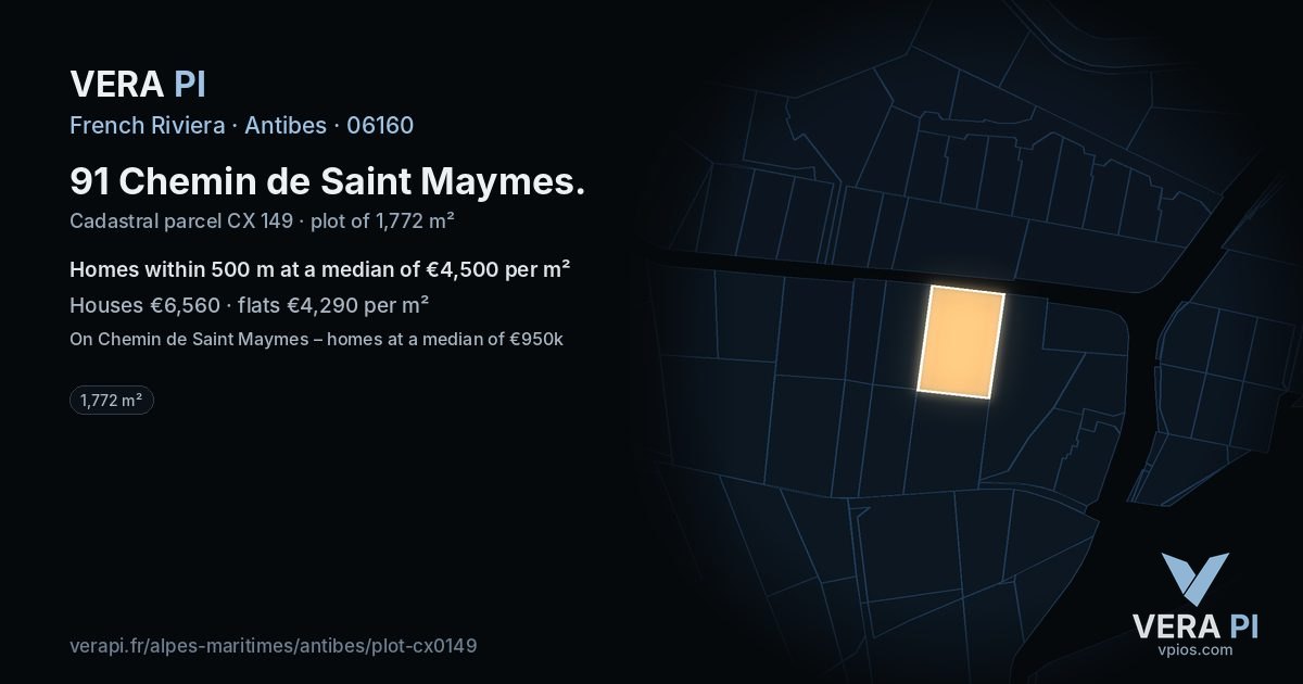 91 Chemin de Saint Maymes, Antibes at night – the plot lit, the parcels around coloured by the prices near them