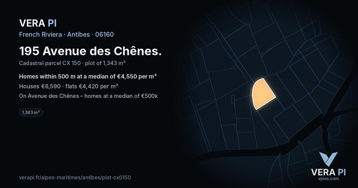 195 Avenue des Chênes, Antibes at night – the plot lit, the parcels around coloured by the prices near them