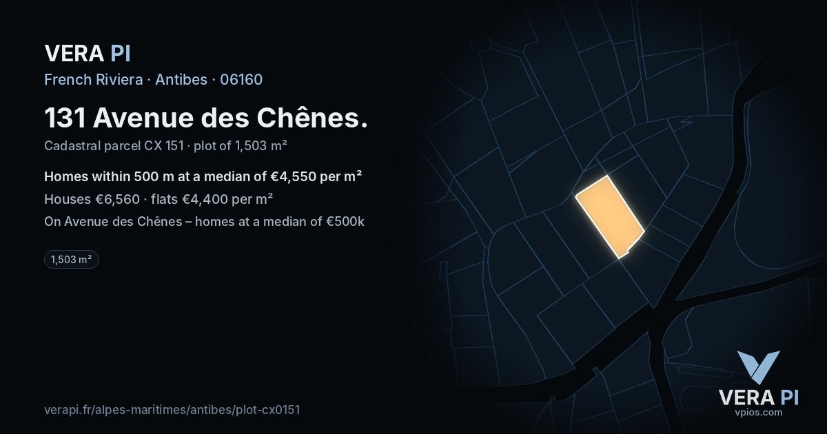 131 Avenue des Chênes, Antibes at night – the plot lit, the parcels around coloured by the prices near them