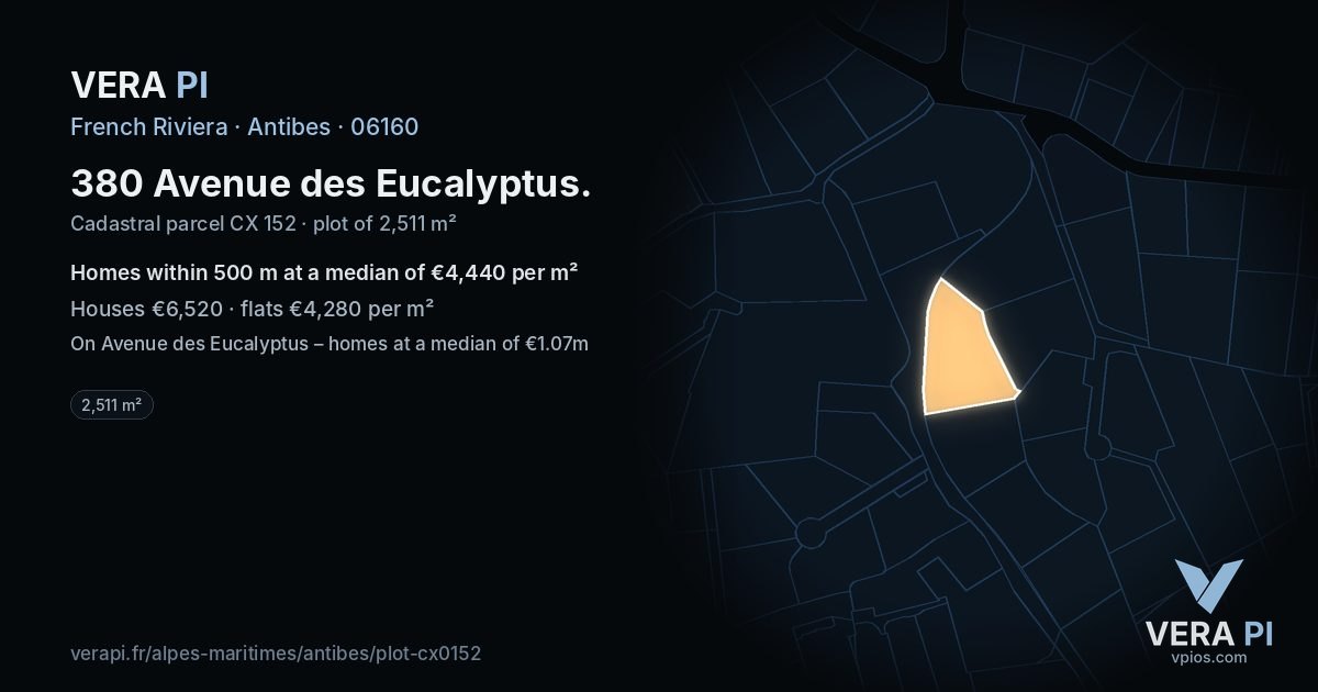 380 Avenue des Eucalyptus, Antibes at night – the plot lit, the parcels around coloured by the prices near them