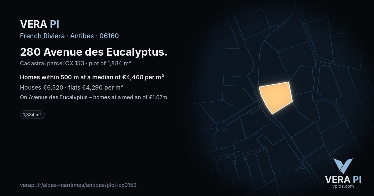 280 Avenue des Eucalyptus, Antibes at night – the plot lit, the parcels around coloured by the prices near them