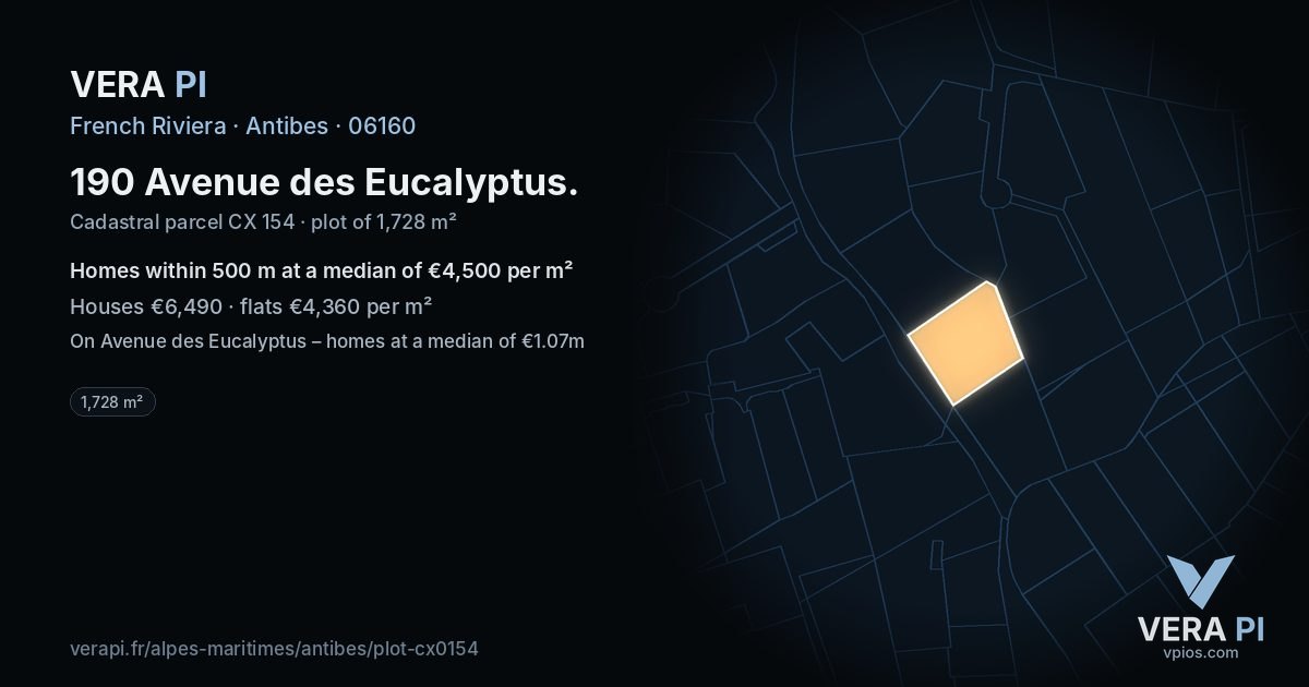 190 Avenue des Eucalyptus, Antibes at night – the plot lit, the parcels around coloured by the prices near them