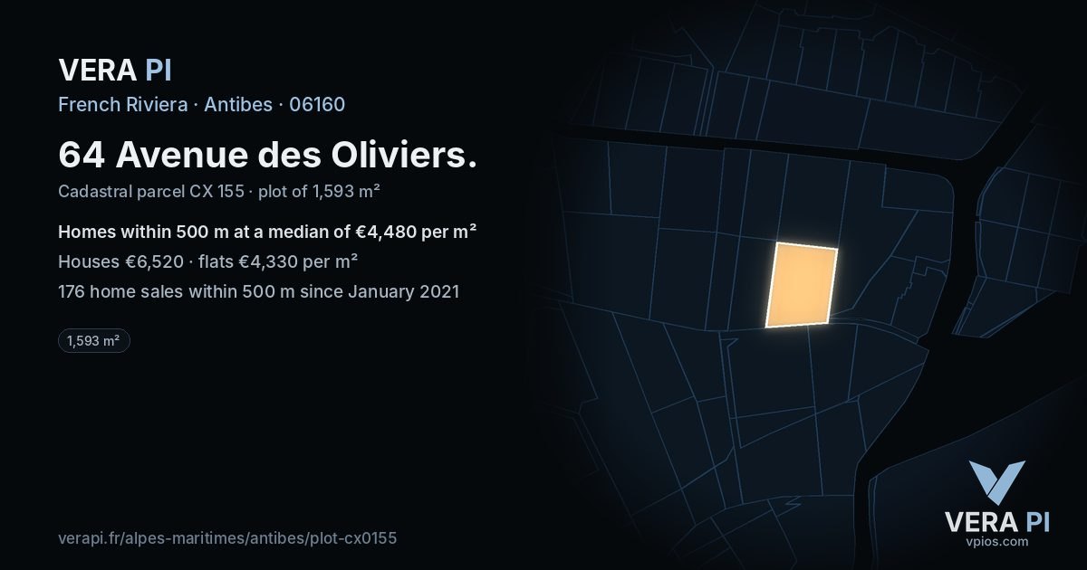 64 Avenue des Oliviers, Antibes at night – the plot lit, the parcels around coloured by the prices near them