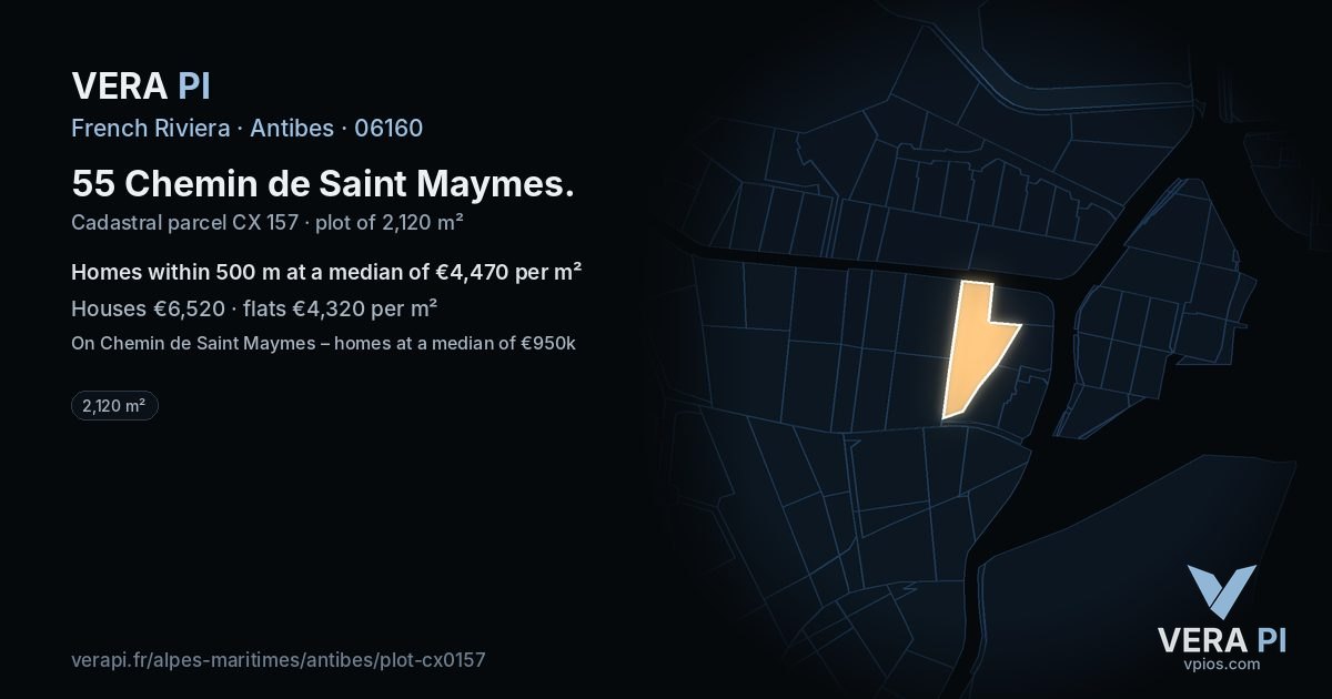 55 Chemin de Saint Maymes, Antibes at night – the plot lit, the parcels around coloured by the prices near them