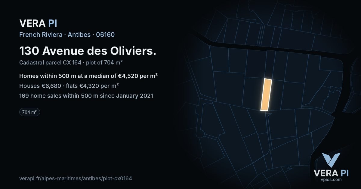 130 Avenue des Oliviers, Antibes at night – the plot lit, the parcels around coloured by the prices near them