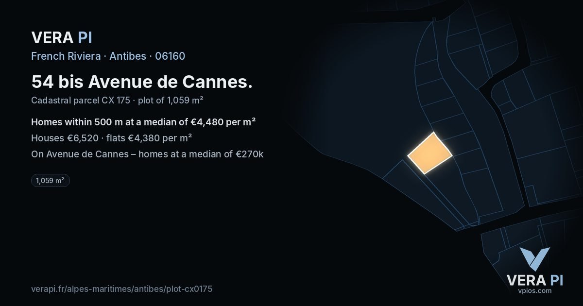 54 bis Avenue de Cannes, Antibes at night – the plot lit, the parcels around coloured by the prices near them