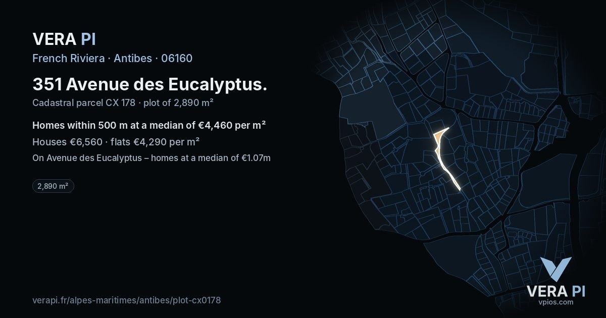 351 Avenue des Eucalyptus, Antibes at night – the plot lit, the parcels around coloured by the prices near them