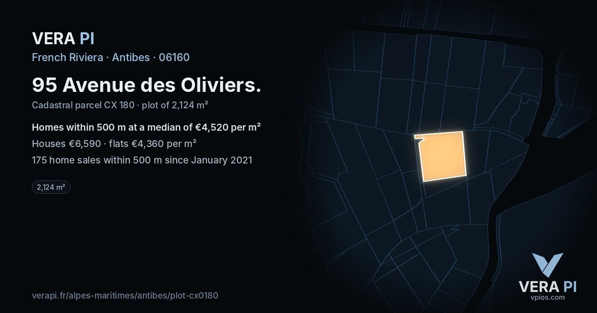 95 Avenue des Oliviers, Antibes at night – the plot lit, the parcels around coloured by the prices near them