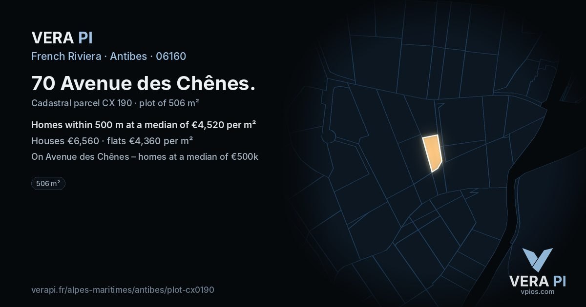 70 Avenue des Chênes, Antibes at night – the plot lit, the parcels around coloured by the prices near them