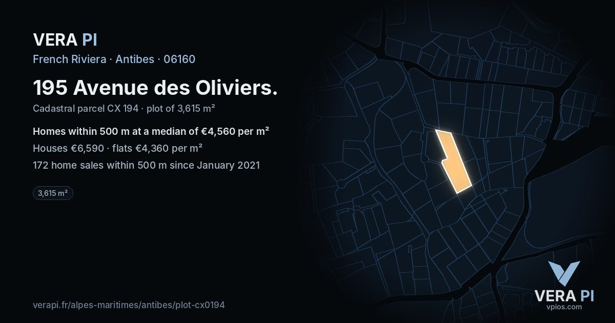 195 Avenue des Oliviers, Antibes at night – the plot lit, the parcels around coloured by the prices near them
