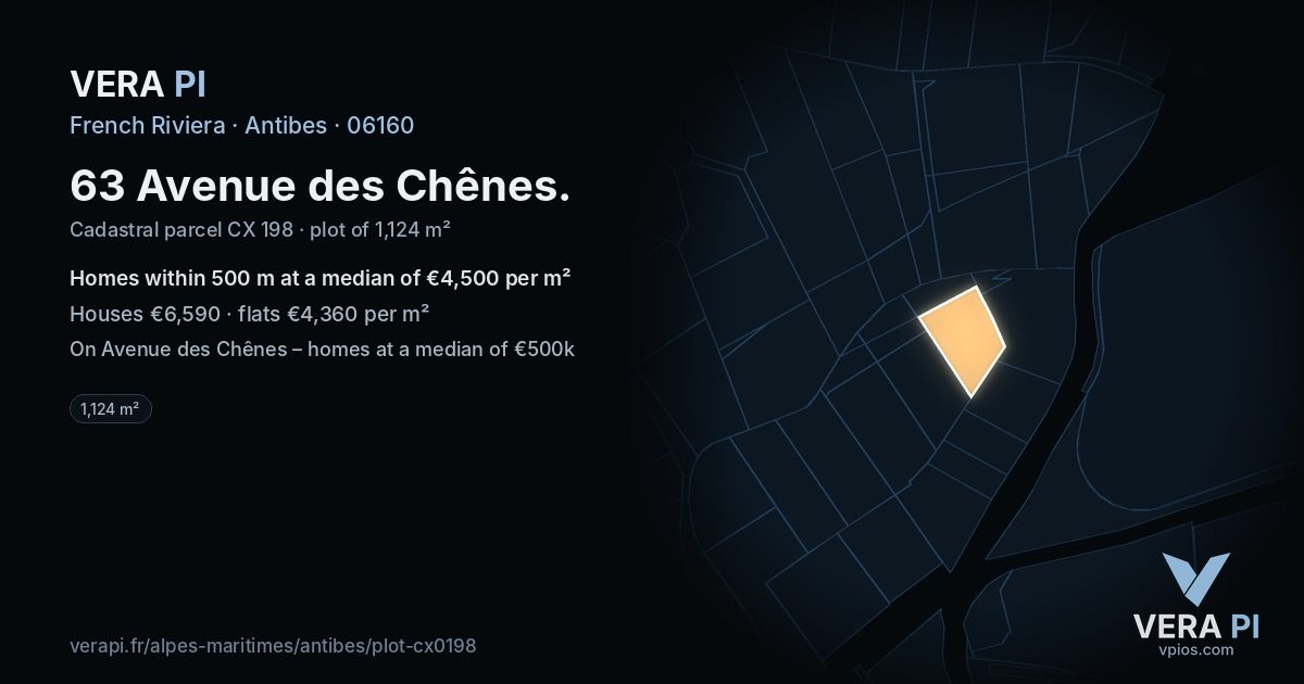 63 Avenue des Chênes, Antibes at night – the plot lit, the parcels around coloured by the prices near them