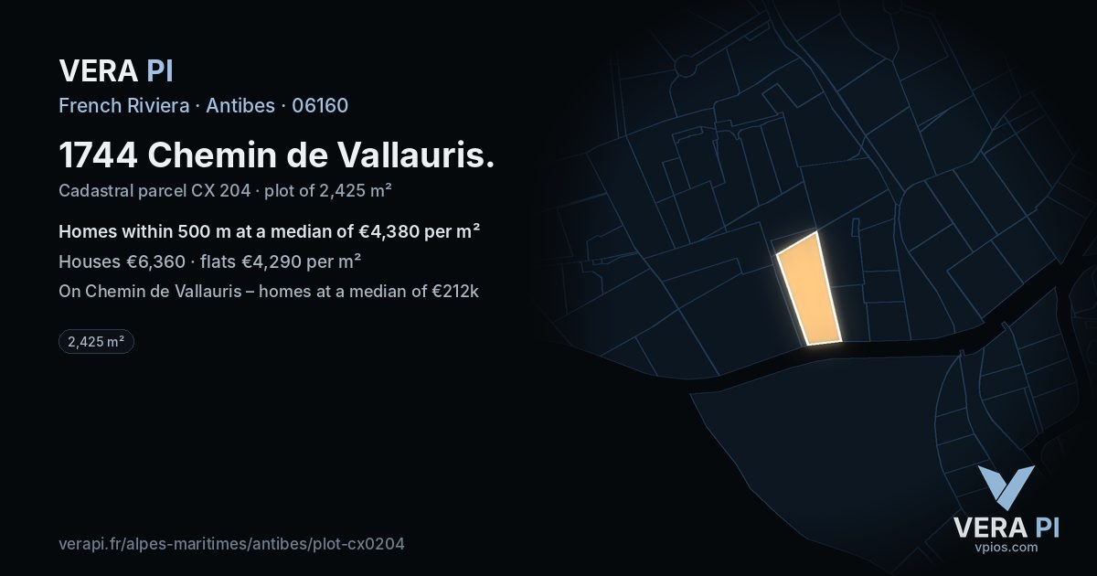 1744 Chemin de Vallauris, Antibes at night – the plot lit, the parcels around coloured by the prices near them