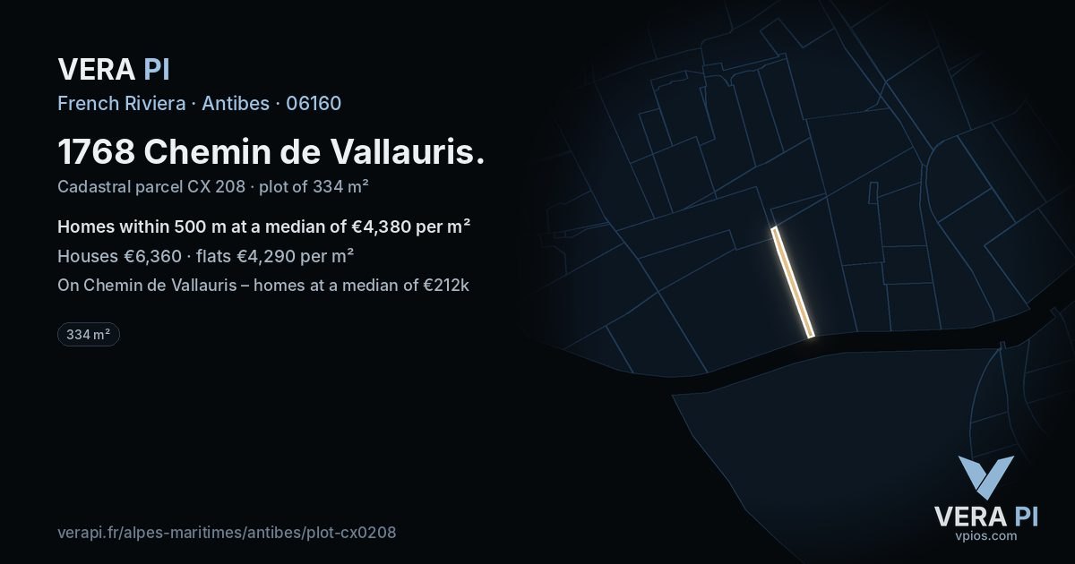1768 Chemin de Vallauris, Antibes at night – the plot lit, the parcels around coloured by the prices near them