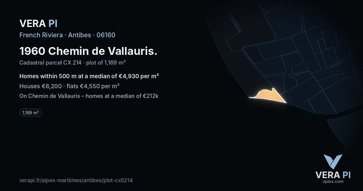 1960 Chemin de Vallauris, Antibes at night – the plot lit, the parcels around coloured by the prices near them