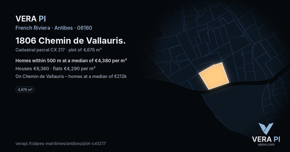1806 Chemin de Vallauris, Antibes at night – the plot lit, the parcels around coloured by the prices near them