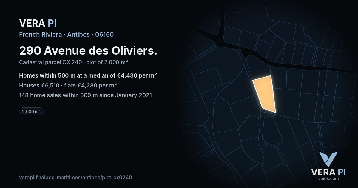 290 Avenue des Oliviers, Antibes at night – the plot lit, the parcels around coloured by the prices near them