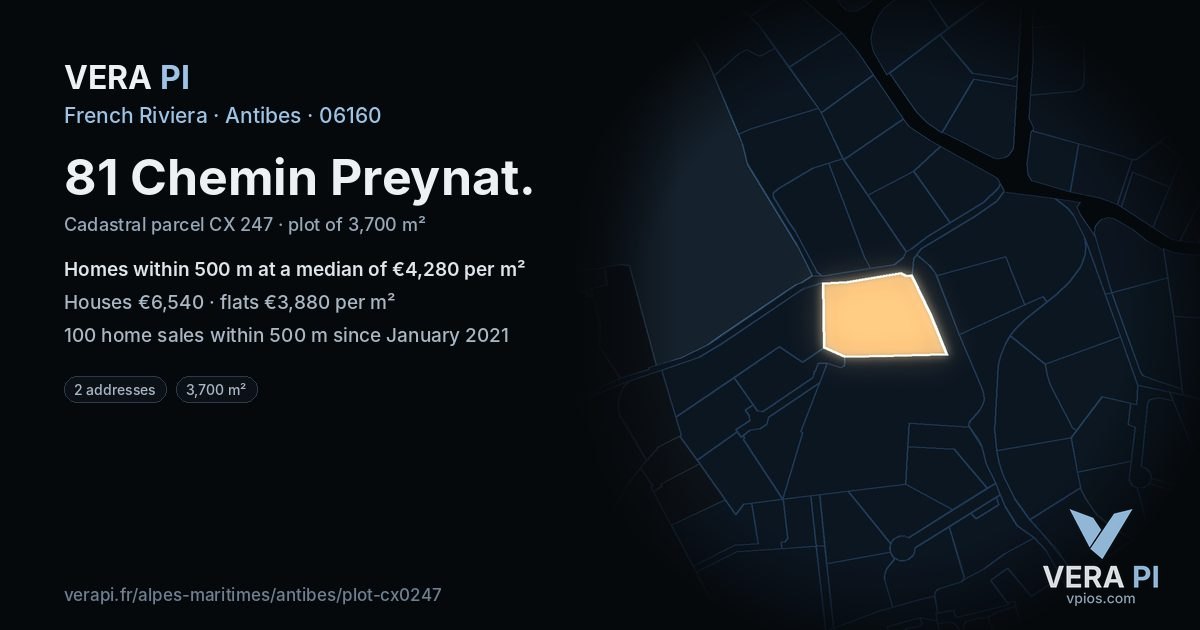81 Chemin Preynat, Antibes at night – the plot lit, the parcels around coloured by the prices near them
