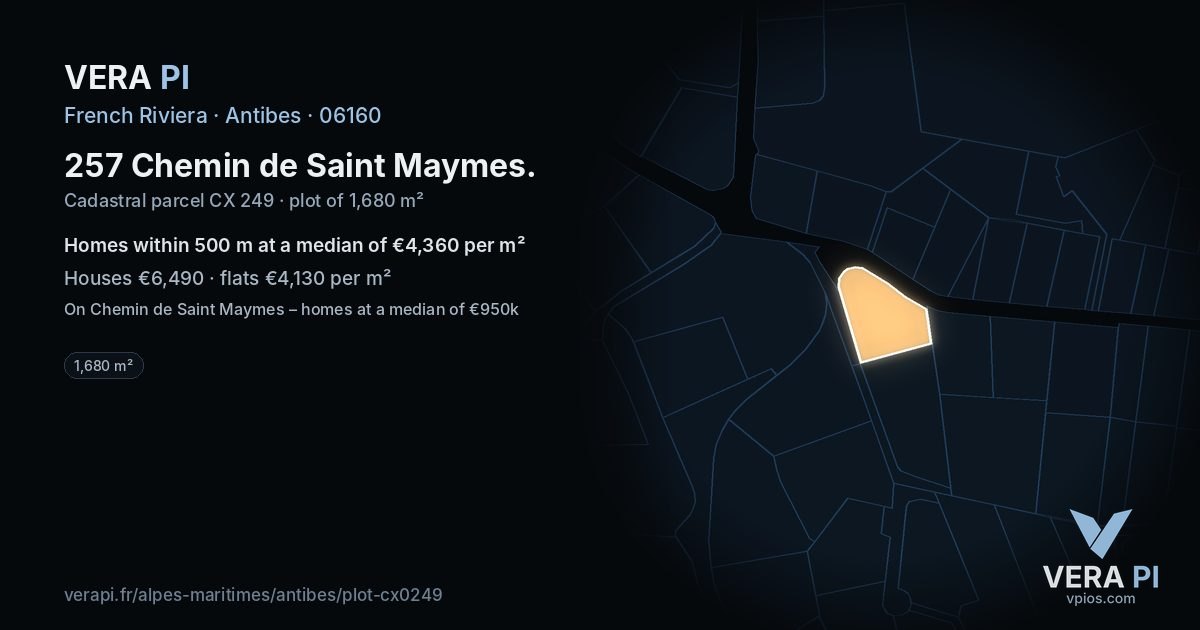 257 Chemin de Saint Maymes, Antibes at night – the plot lit, the parcels around coloured by the prices near them