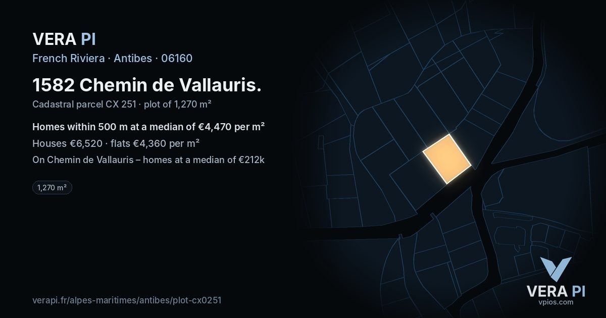 1582 Chemin de Vallauris, Antibes at night – the plot lit, the parcels around coloured by the prices near them