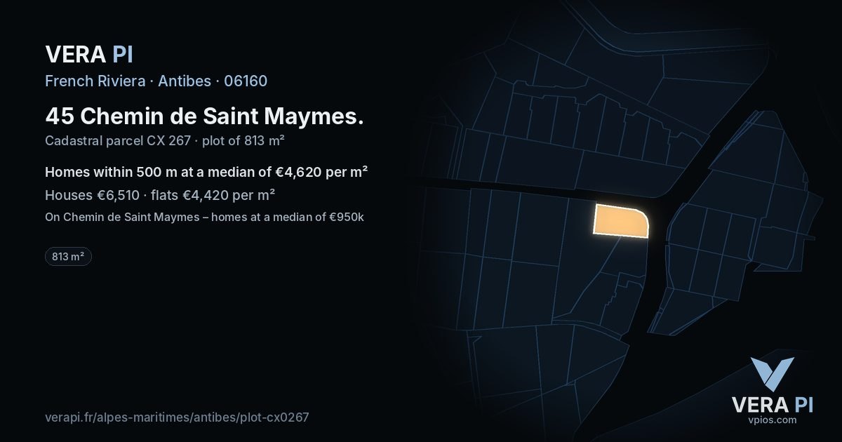 45 Chemin de Saint Maymes, Antibes at night – the plot lit, the parcels around coloured by the prices near them