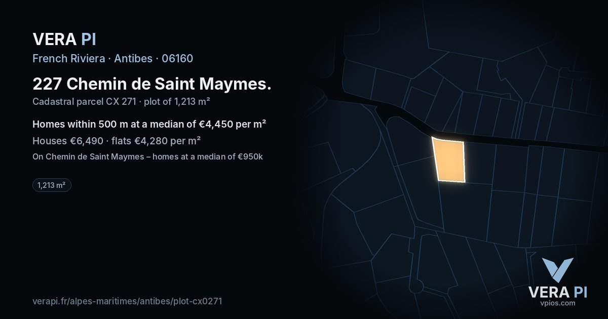 227 Chemin de Saint Maymes, Antibes at night – the plot lit, the parcels around coloured by the prices near them