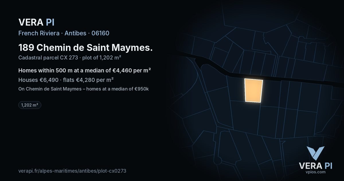 189 Chemin de Saint Maymes, Antibes at night – the plot lit, the parcels around coloured by the prices near them