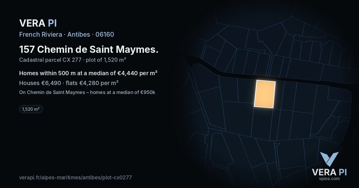 157 Chemin de Saint Maymes, Antibes at night – the plot lit, the parcels around coloured by the prices near them