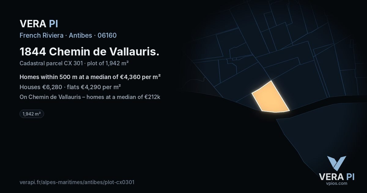 1844 Chemin de Vallauris, Antibes at night – the plot lit, the parcels around coloured by the prices near them
