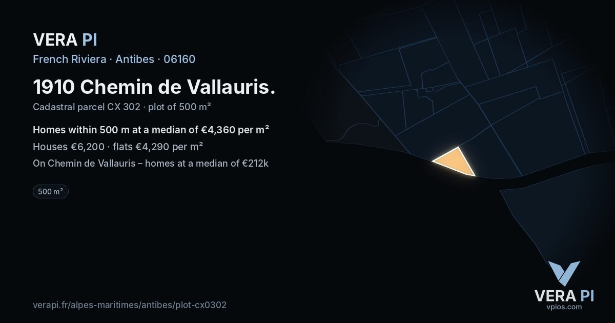 1910 Chemin de Vallauris, Antibes at night – the plot lit, the parcels around coloured by the prices near them