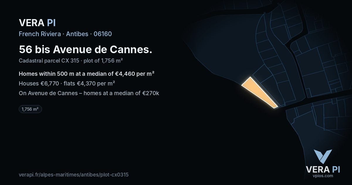 56 bis Avenue de Cannes, Antibes at night – the plot lit, the parcels around coloured by the prices near them
