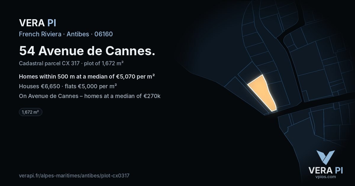 54 Avenue de Cannes, Antibes at night – the plot lit, the parcels around coloured by the prices near them