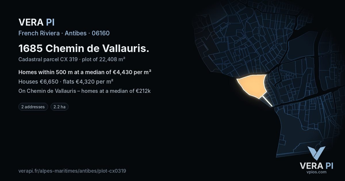 1685 Chemin de Vallauris, Antibes at night – the plot lit, the parcels around coloured by the prices near them