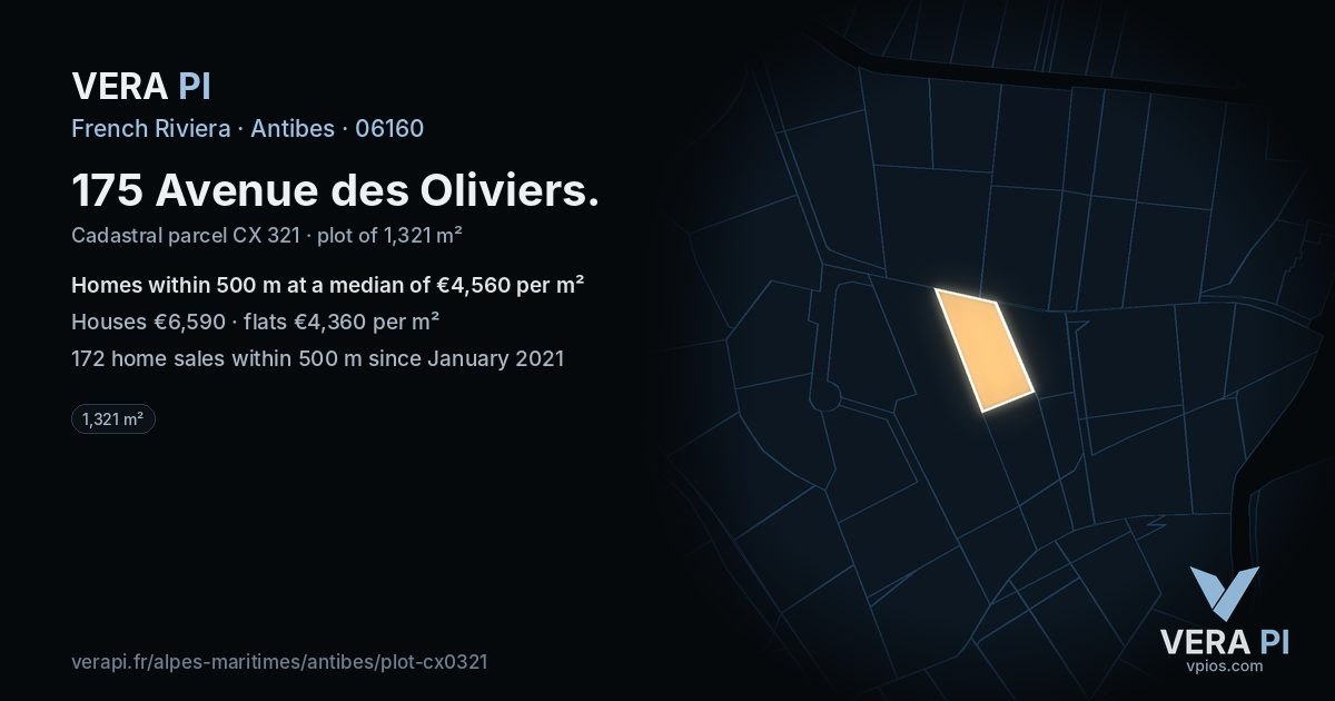 175 Avenue des Oliviers, Antibes at night – the plot lit, the parcels around coloured by the prices near them