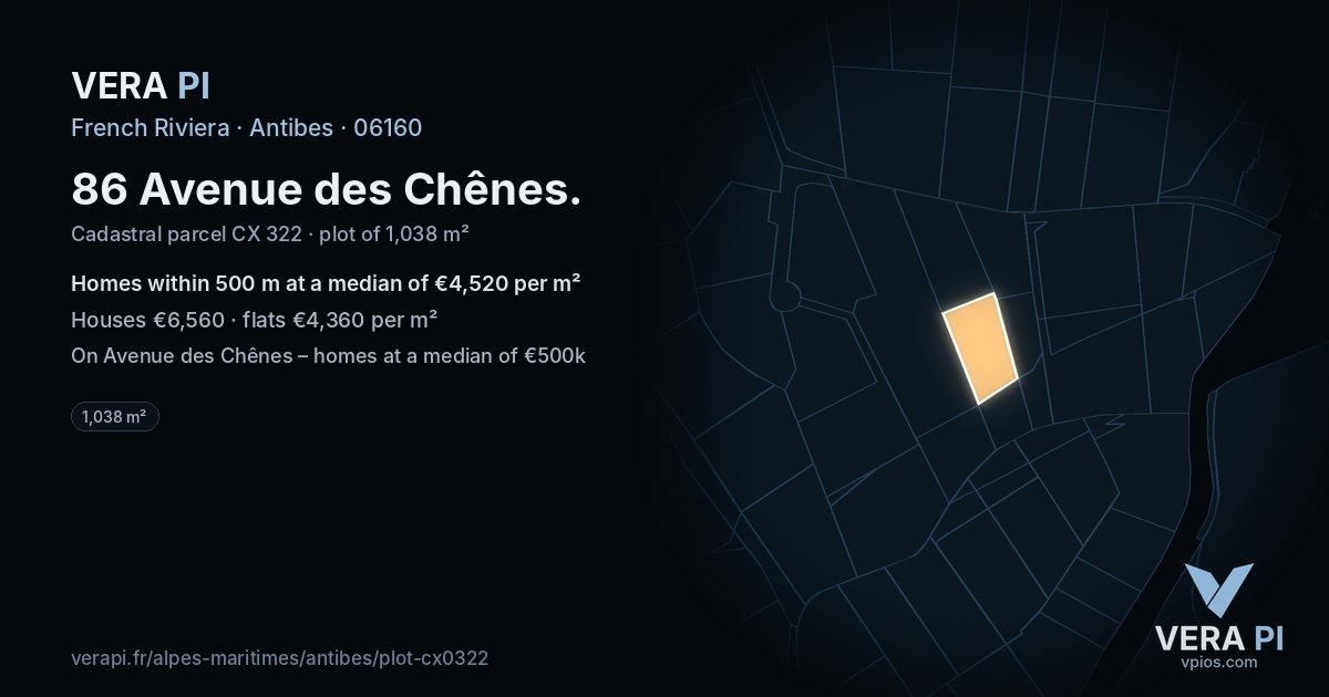 86 Avenue des Chênes, Antibes at night – the plot lit, the parcels around coloured by the prices near them