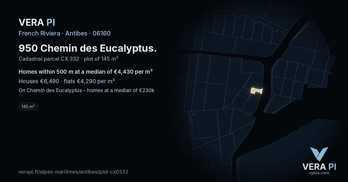 950 Chemin des Eucalyptus, Antibes at night – the plot lit, the parcels around coloured by the prices near them