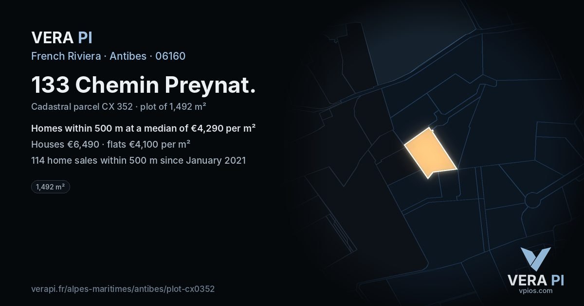 133 Chemin Preynat, Antibes at night – the plot lit, the parcels around coloured by the prices near them