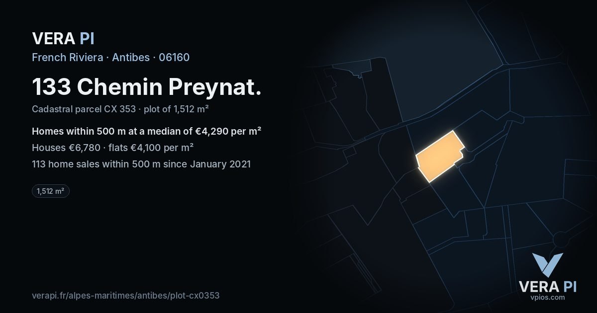133 Chemin Preynat, Antibes at night – the plot lit, the parcels around coloured by the prices near them