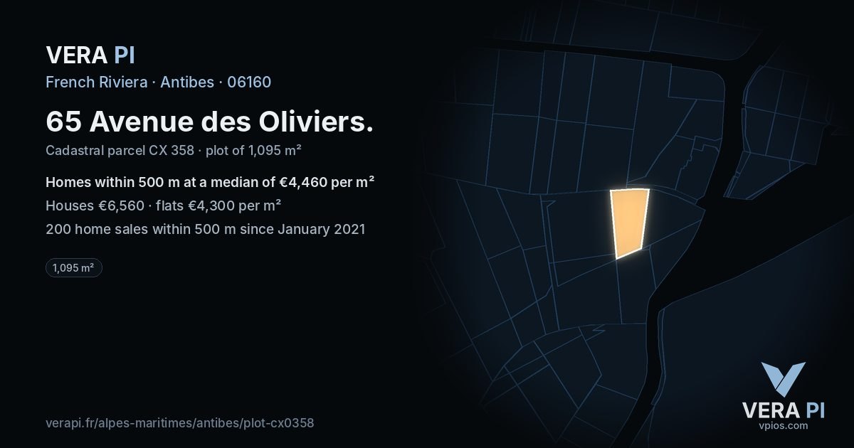 65 Avenue des Oliviers, Antibes at night – the plot lit, the parcels around coloured by the prices near them