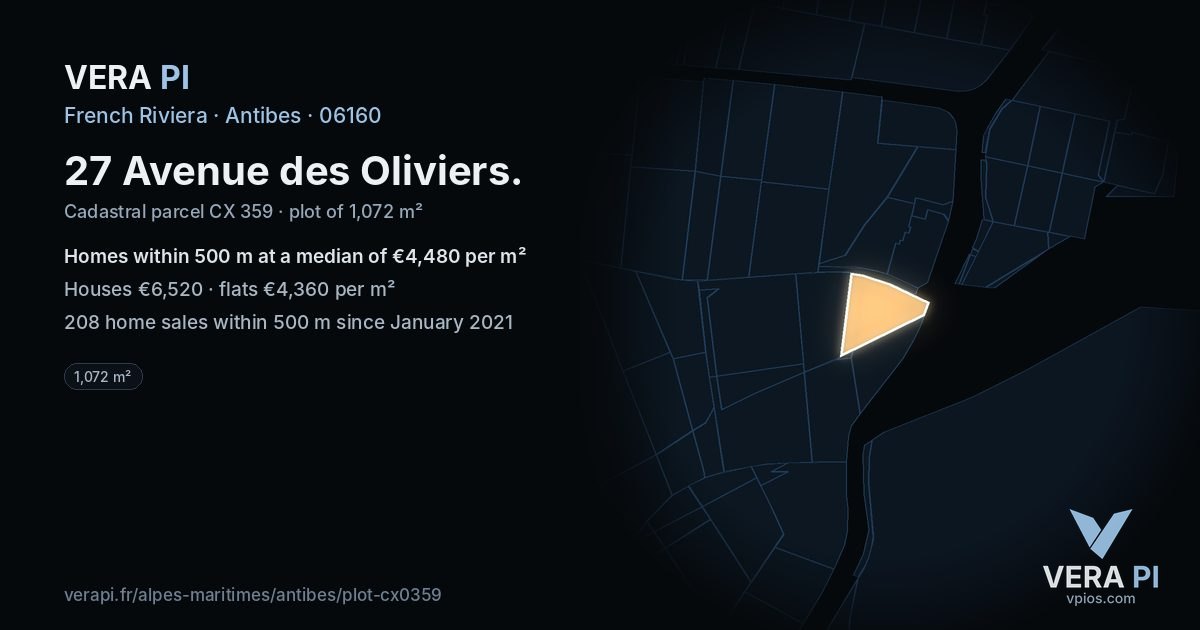 27 Avenue des Oliviers, Antibes at night – the plot lit, the parcels around coloured by the prices near them