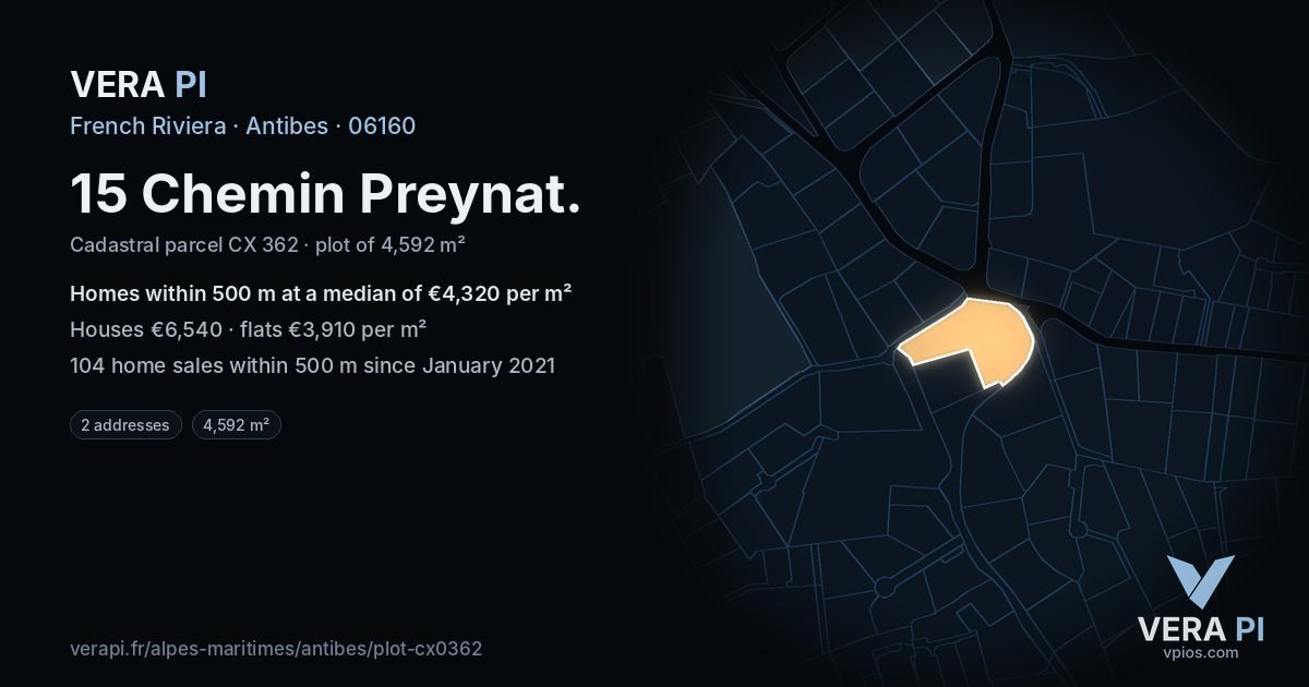 15 Chemin Preynat, Antibes at night – the plot lit, the parcels around coloured by the prices near them