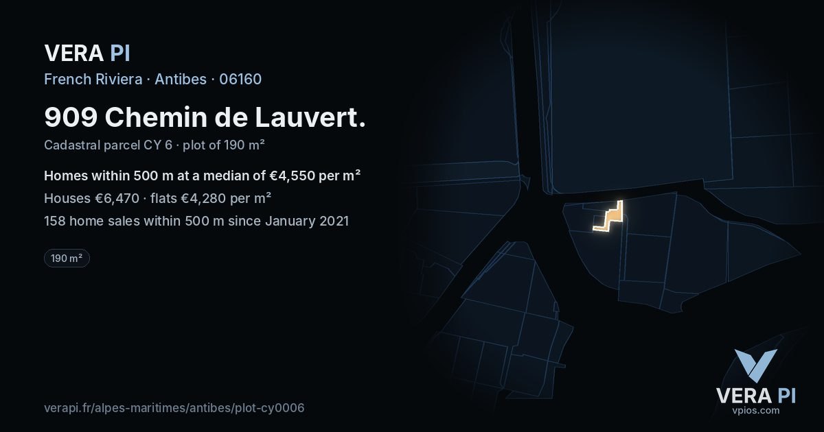 909 Chemin de Lauvert, Antibes at night – the plot lit, the parcels around coloured by the prices near them
