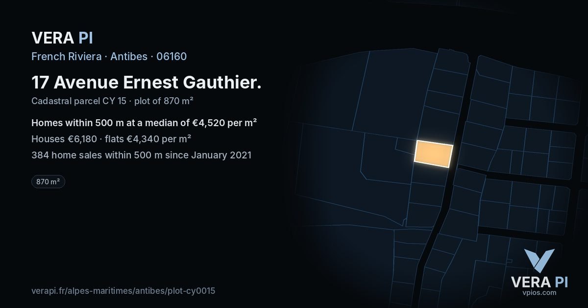 17 Avenue Ernest Gauthier, Antibes at night – the plot lit, the parcels around coloured by the prices near them