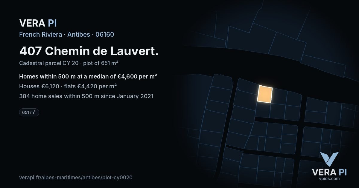 407 Chemin de Lauvert, Antibes at night – the plot lit, the parcels around coloured by the prices near them