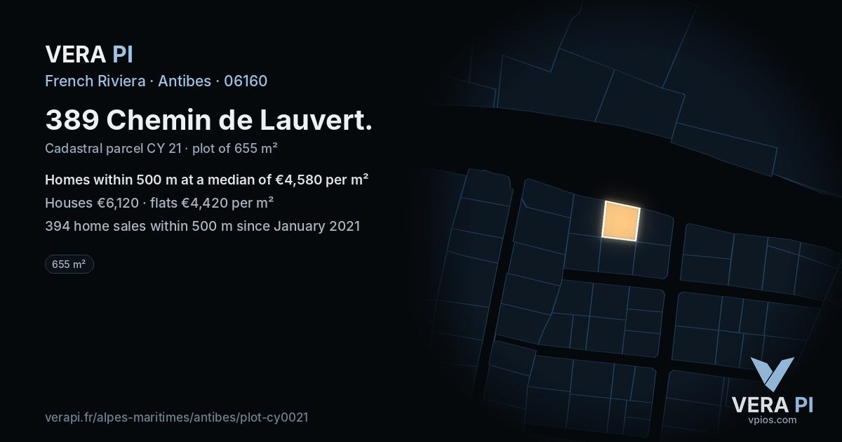389 Chemin de Lauvert, Antibes at night – the plot lit, the parcels around coloured by the prices near them