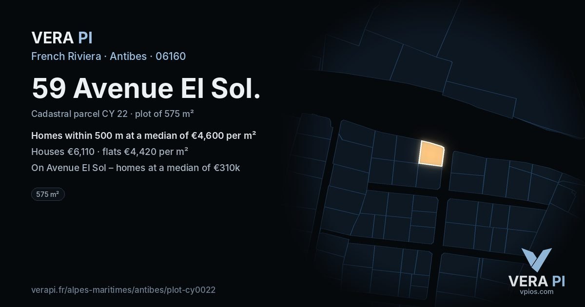 59 Avenue El Sol, Antibes at night – the plot lit, the parcels around coloured by the prices near them