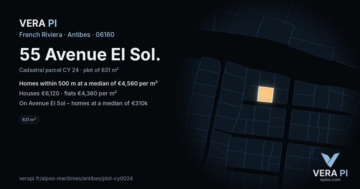 55 Avenue El Sol, Antibes at night – the plot lit, the parcels around coloured by the prices near them