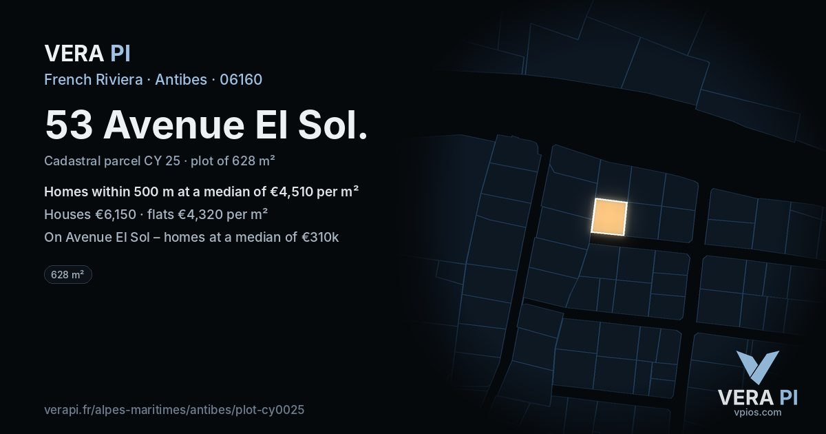 53 Avenue El Sol, Antibes at night – the plot lit, the parcels around coloured by the prices near them