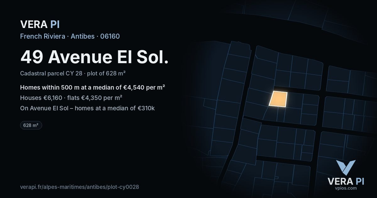 49 Avenue El Sol, Antibes at night – the plot lit, the parcels around coloured by the prices near them