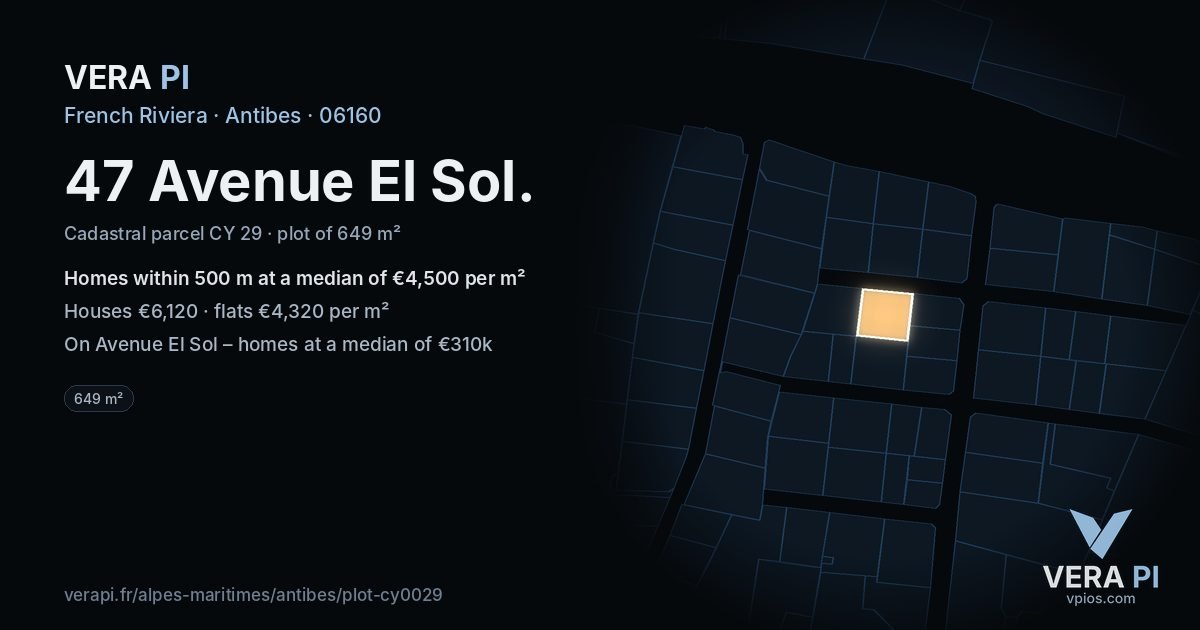 47 Avenue El Sol, Antibes at night – the plot lit, the parcels around coloured by the prices near them